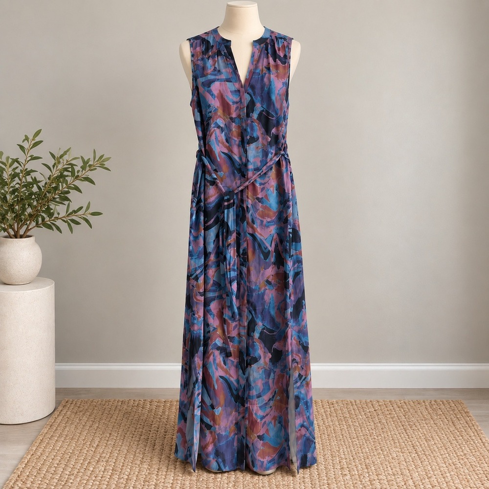 TART Maxi Dress Purple Blue Abstract Print Sleeveless Tie Waist Art to Wear Sz M